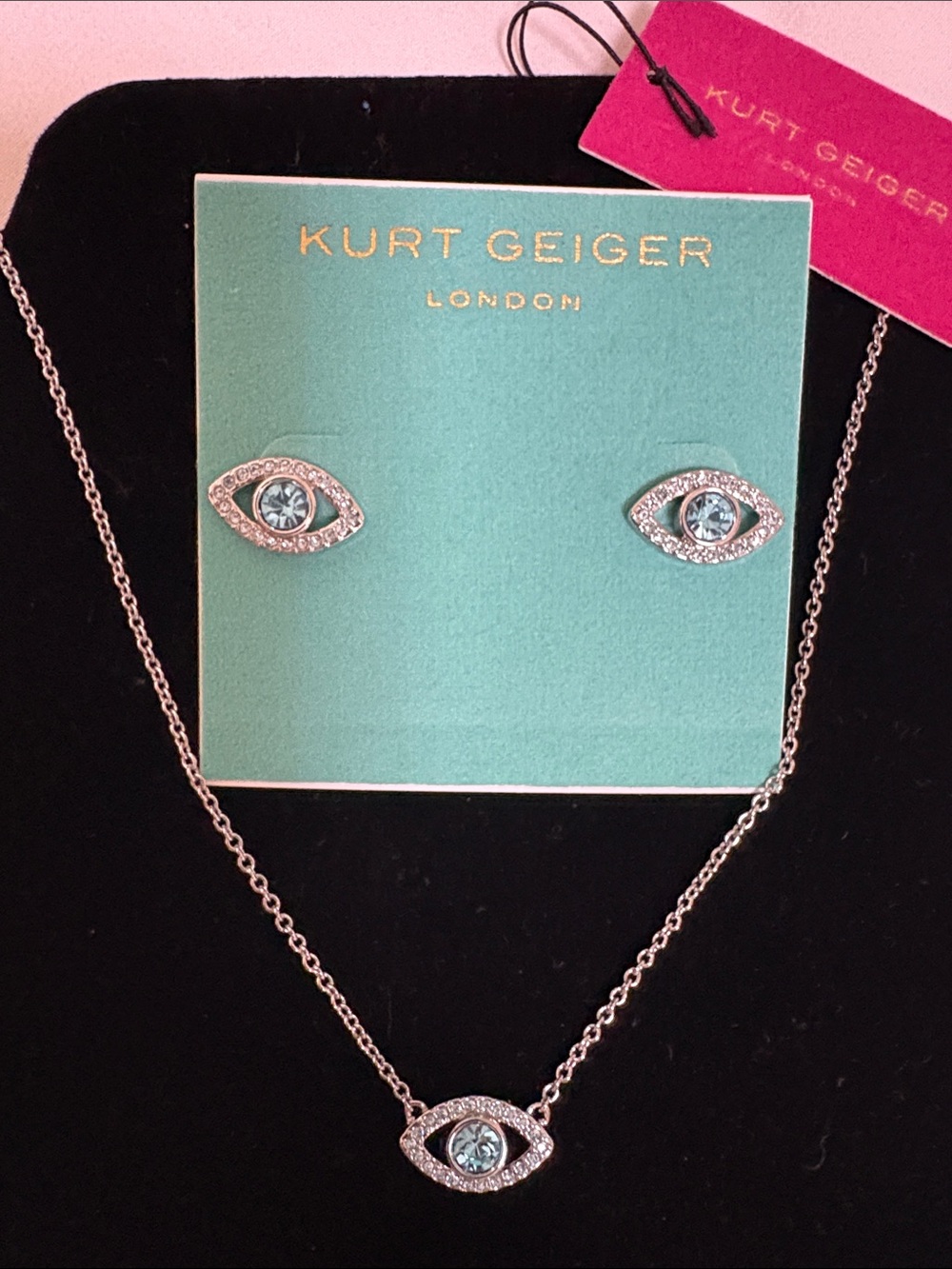 2pcs Kurt Geiger⭐️Silver-Tone Eye Necklace & Stud Earrings w/Aqua Stones-NEW